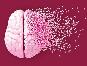graphic of a brain with half of it being dispersed into pixels